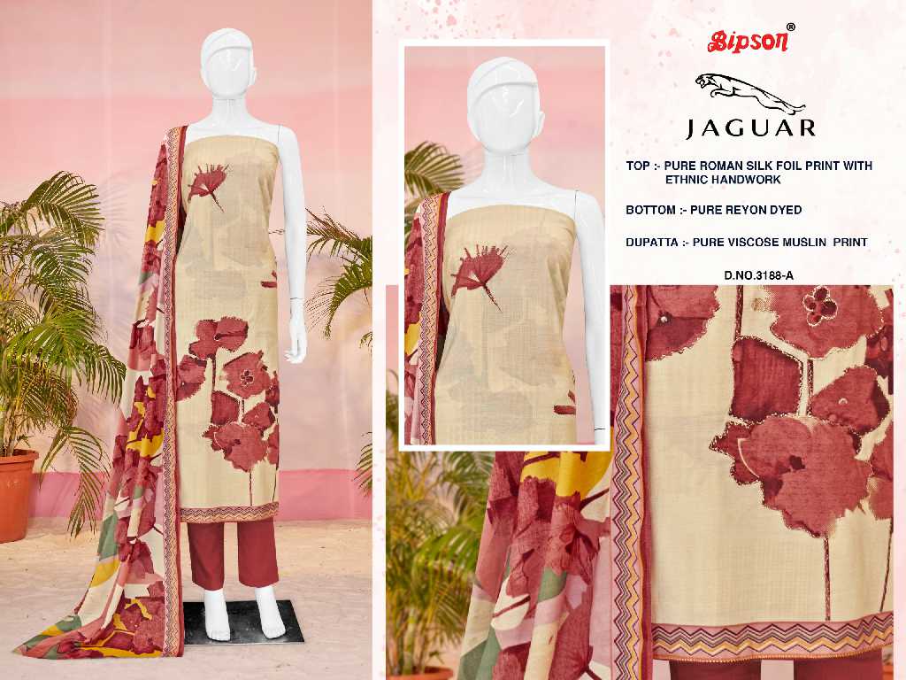 Bipson Jaguar D.no 3188 Wholesale Roman Silk With Ethnic Handwork Dress Material