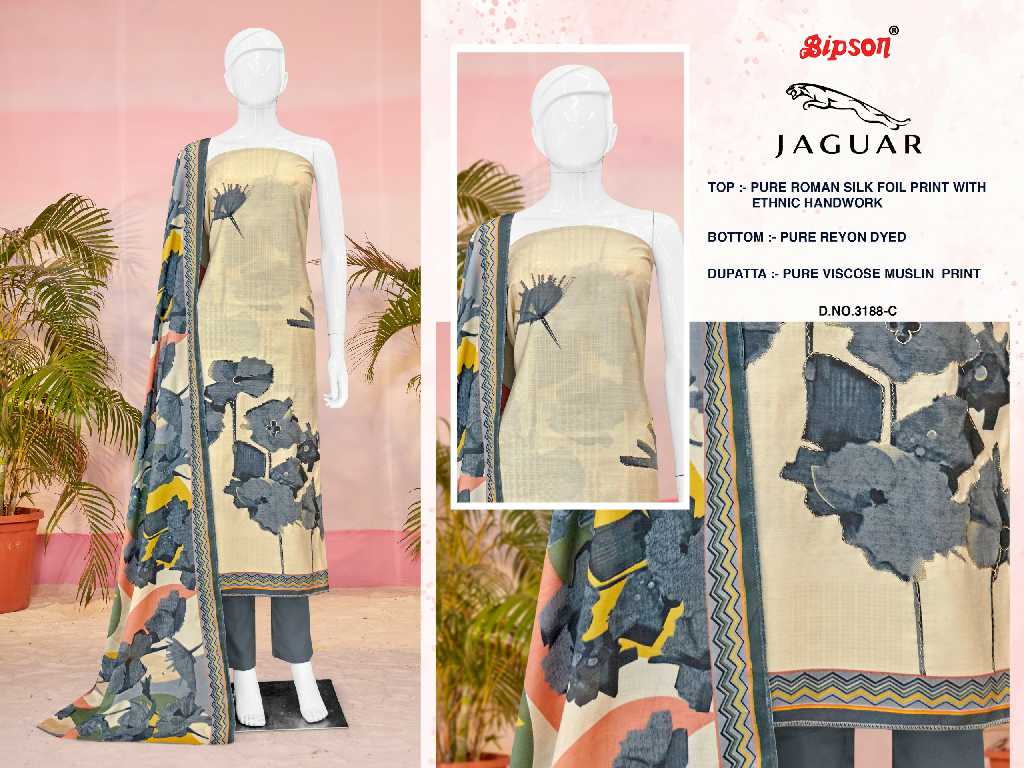 Bipson Jaguar D.no 3188 Wholesale Roman Silk With Ethnic Handwork Dress Material