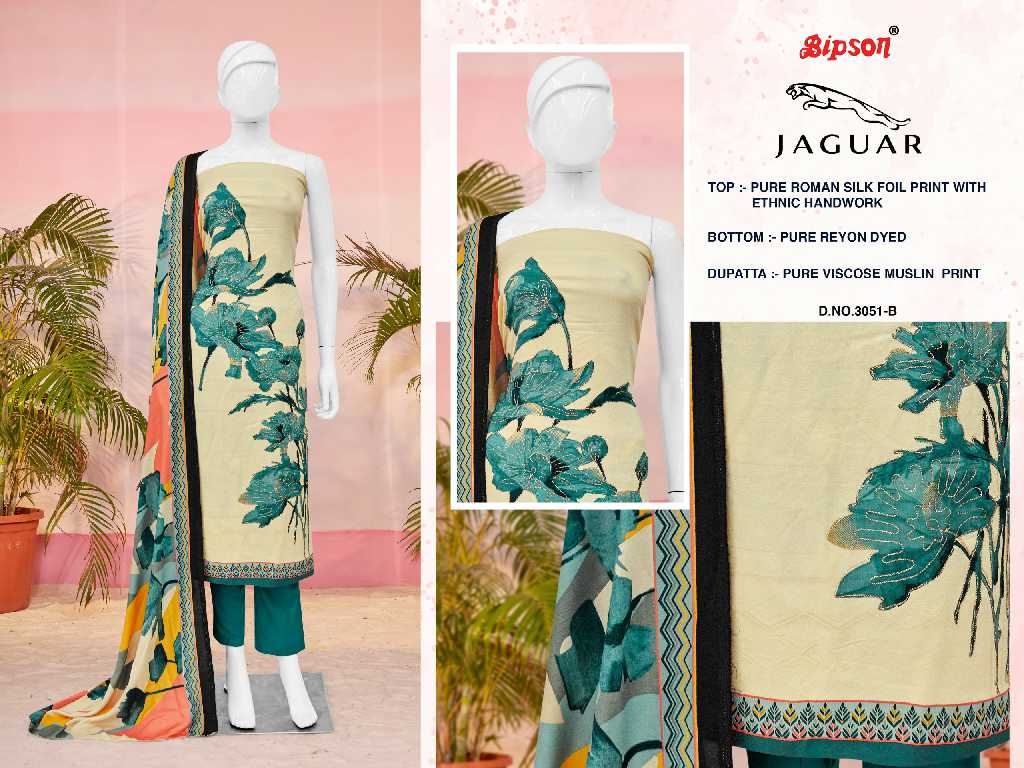Bipson Jaguar D.no 3051 Wholesale Roman Silk With Ethnic Handwork Dress Material