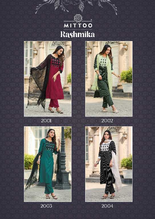 Mittoo Rashmika Wholesale Rayon Print 3 Piece Readymade Suits