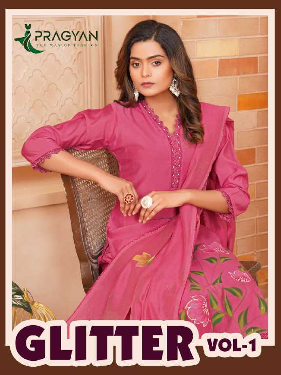 Pragyan Glitter Vol-1 Wholesale Roman Silk Top With Pant And Dupatta