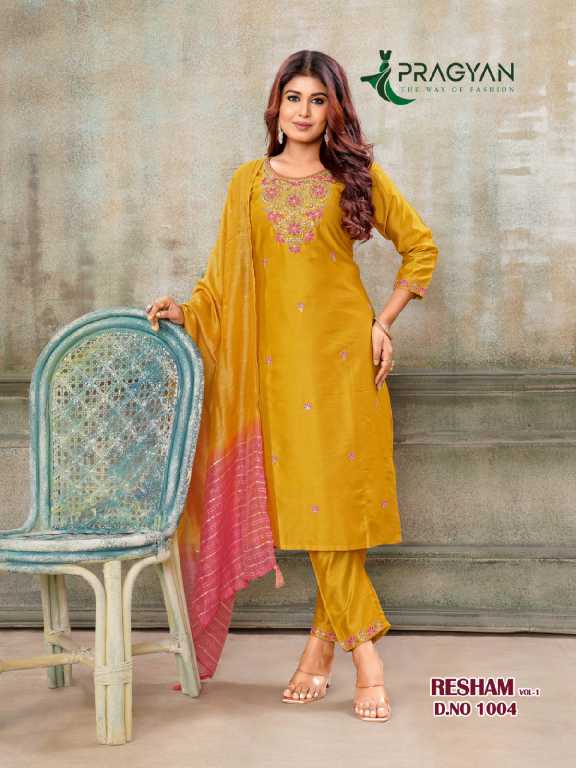 Pragyan Resham Vol-1 Wholesale Straight Cut Top With Bottom And Dupatta