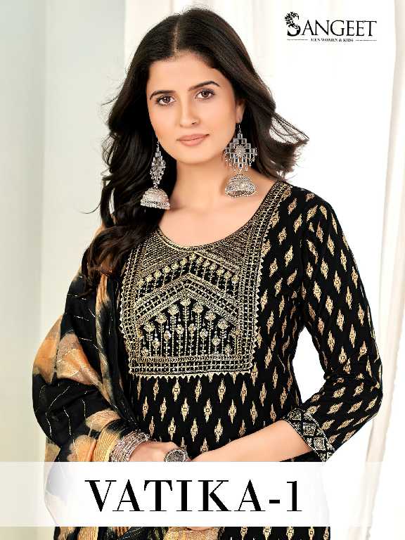 Sangeet Vatika Vol-1 Wholesale Rayon Gold Print Kurti With Pant And Dupatta