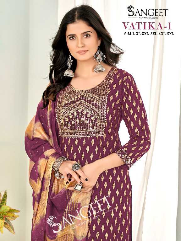 Sangeet Vatika Vol-1 Wholesale Rayon Gold Print Kurti With Pant And Dupatta