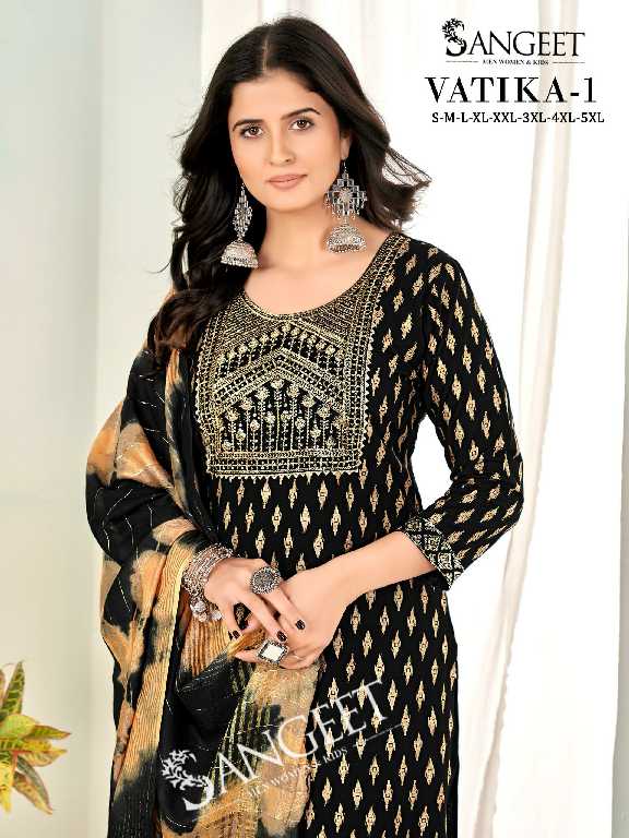 Sangeet Vatika Vol-1 Wholesale Rayon Gold Print Kurti With Pant And Dupatta