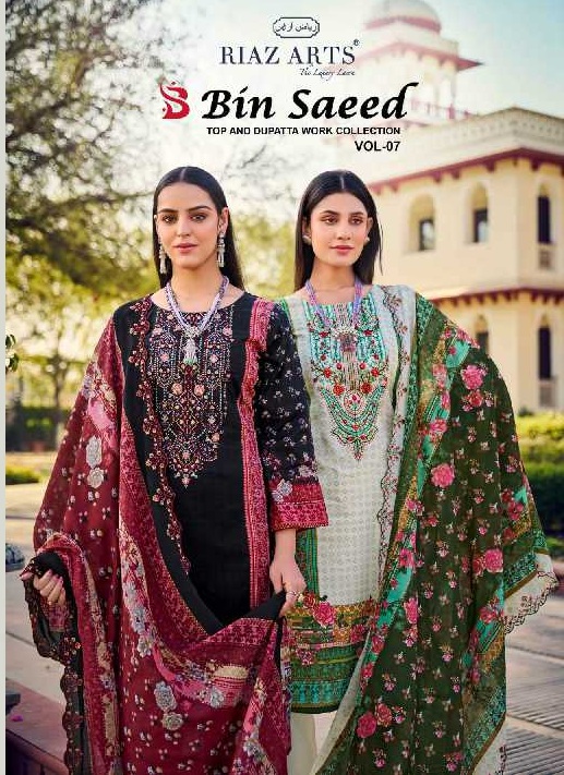 Riaz Arts Bin Saeed Vol-7 Wholesale Pure Cotton With Embroidery Work Dress Material