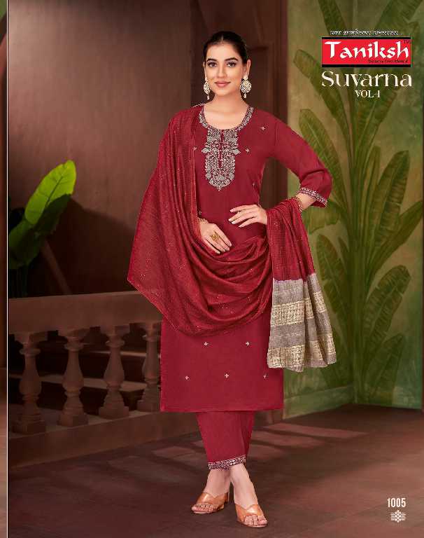 Taniksh Suvarna Vol-1 Wholesale Roman Embroidery Work Readymade Suits