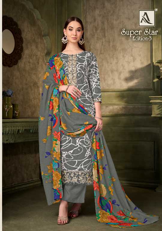 Alok Super Star Vol-3 Wholesale Pure Cambric With Work Dress Material