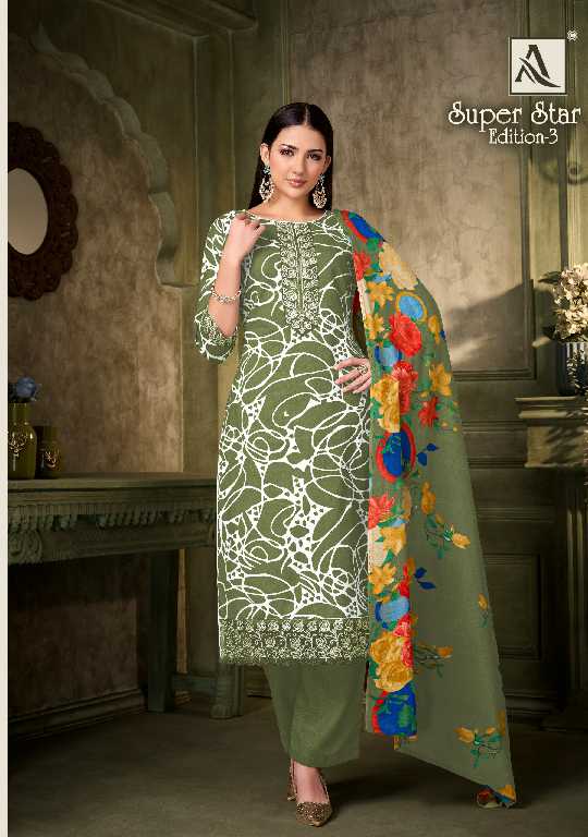 Alok Super Star Vol-3 Wholesale Pure Cambric With Work Dress Material