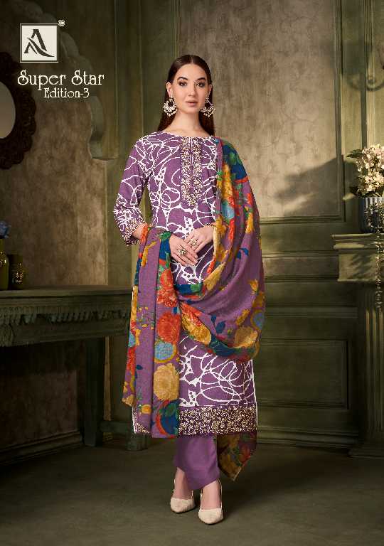 Alok Super Star Vol-3 Wholesale Pure Cambric With Work Dress Material