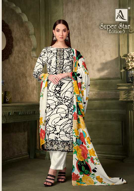 Alok Super Star Vol-3 Wholesale Pure Cambric With Work Dress Material