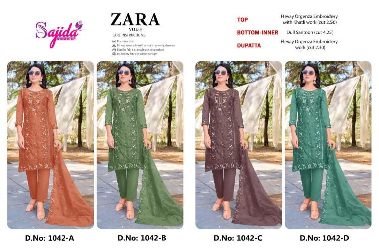 SAJIDA DESIGNER ZARA VOL 3 ORGANZA MODERN PAKISTANI DRESS MATERIAL