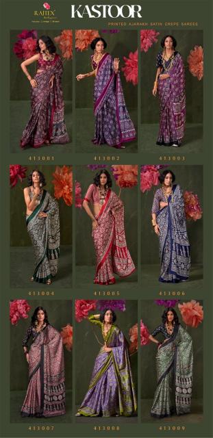KASTOOR BY RAJTEX 413001-413009 SATIN CRAPE NEW DESIGN SAREE 2025