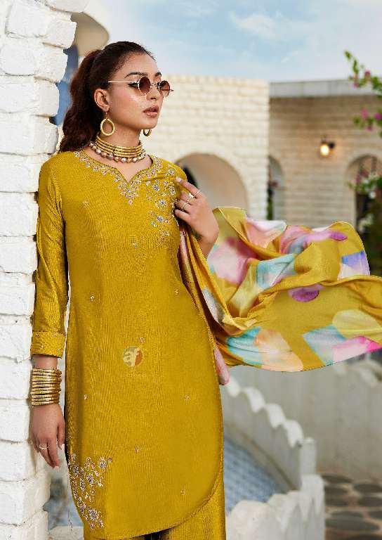 ANJU FAB PRESENT FUSION VOL-5 WHOLESALE DESIGNER KURTI WITH PALAZZOO PANT AND SCARF