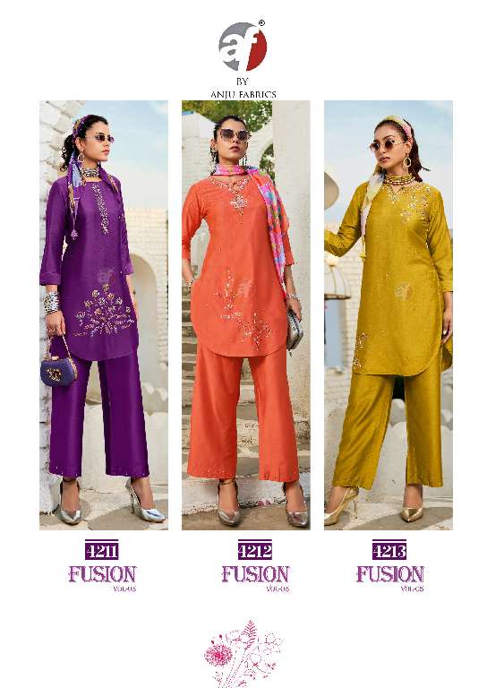 ANJU FAB PRESENT FUSION VOL-5 WHOLESALE DESIGNER KURTI WITH PALAZZOO PANT AND SCARF