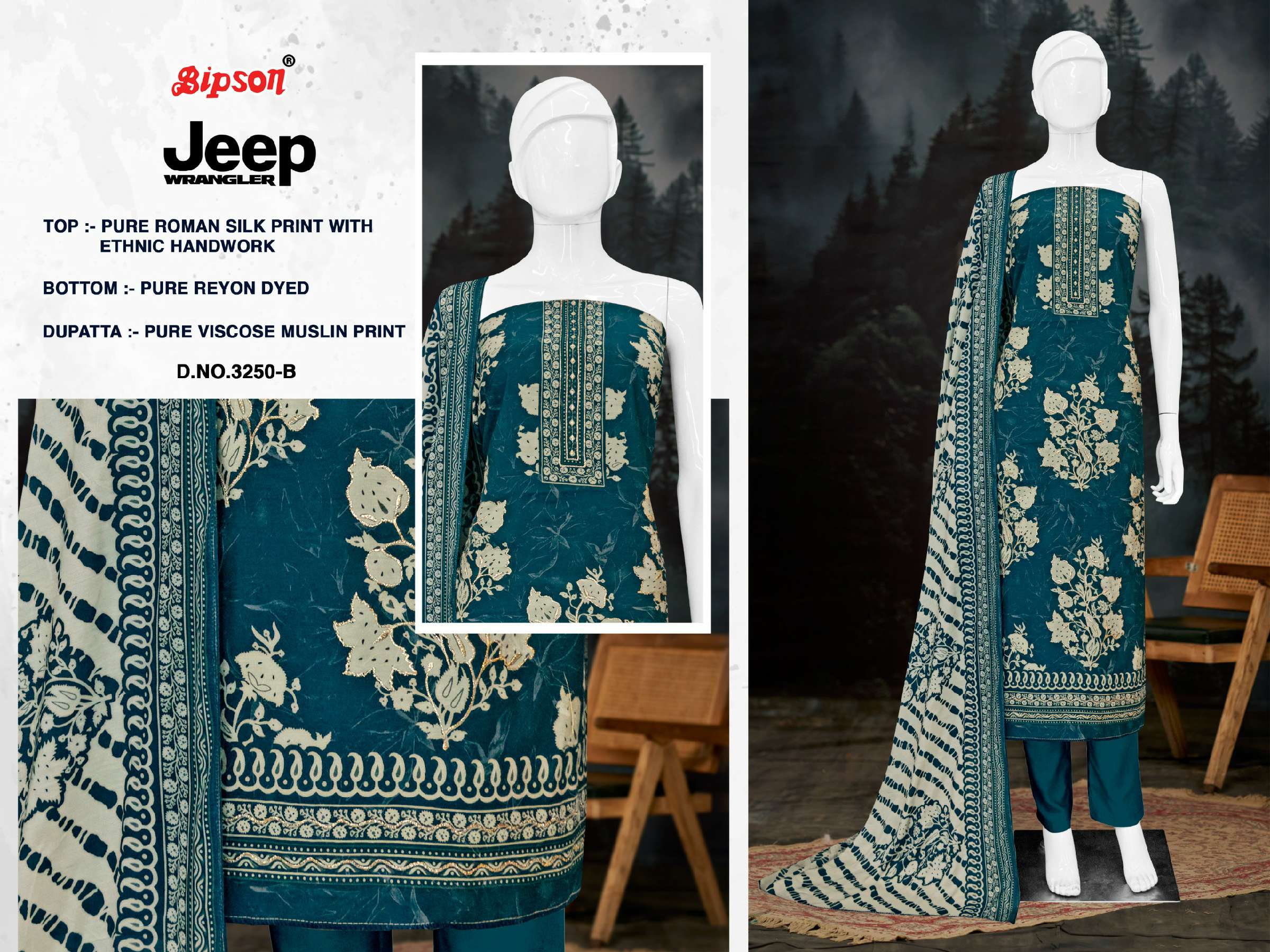 BIPSON JEEP WRANGLAR D.NO 3250 WHOLESALE PURE ROMAN SILK PRINT WITH HANDWORK DRESS MATERIAL