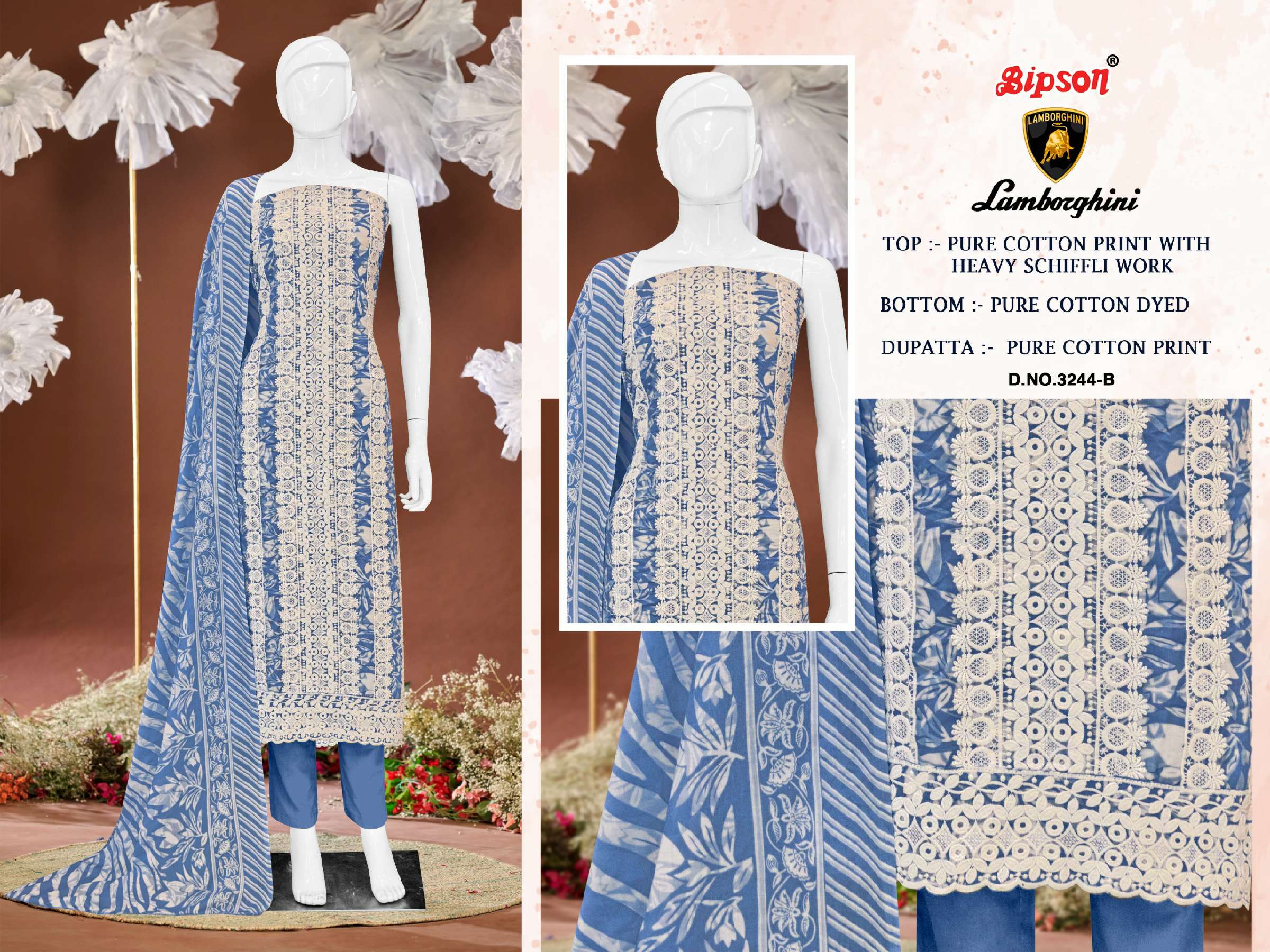 BIPSON LAMBORGHINI D.NO 3244 WHOLESALE PURE COTTON PRINT WITH SCHIFFLI WORK DRESS MATERIAL
