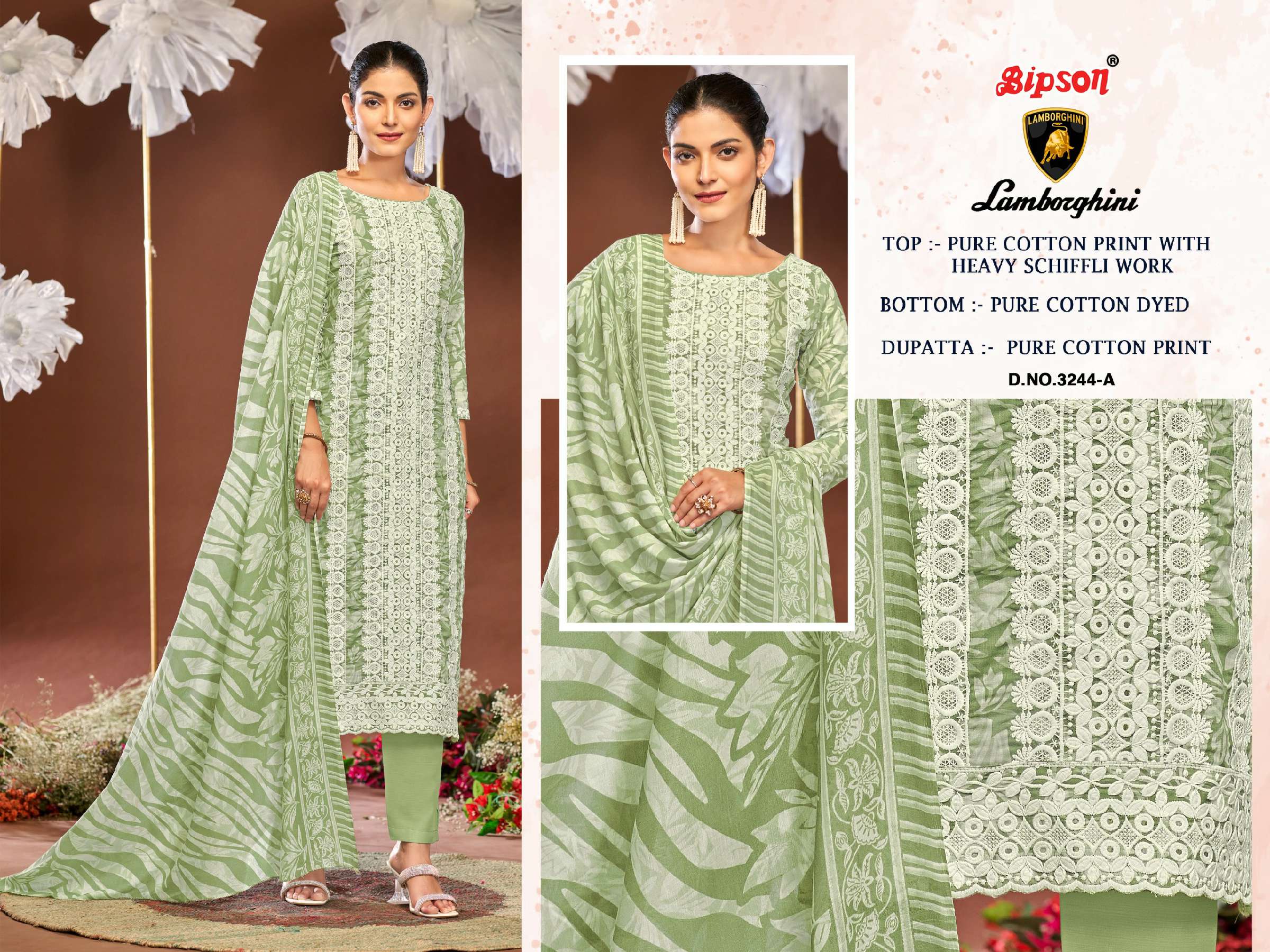 BIPSON LAMBORGHINI D.NO 3244 WHOLESALE PURE COTTON PRINT WITH SCHIFFLI WORK DRESS MATERIAL