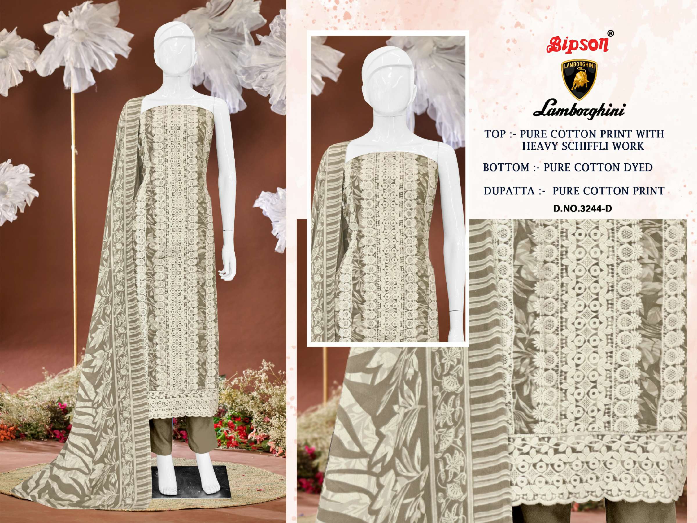BIPSON LAMBORGHINI D.NO 3244 WHOLESALE PURE COTTON PRINT WITH SCHIFFLI WORK DRESS MATERIAL