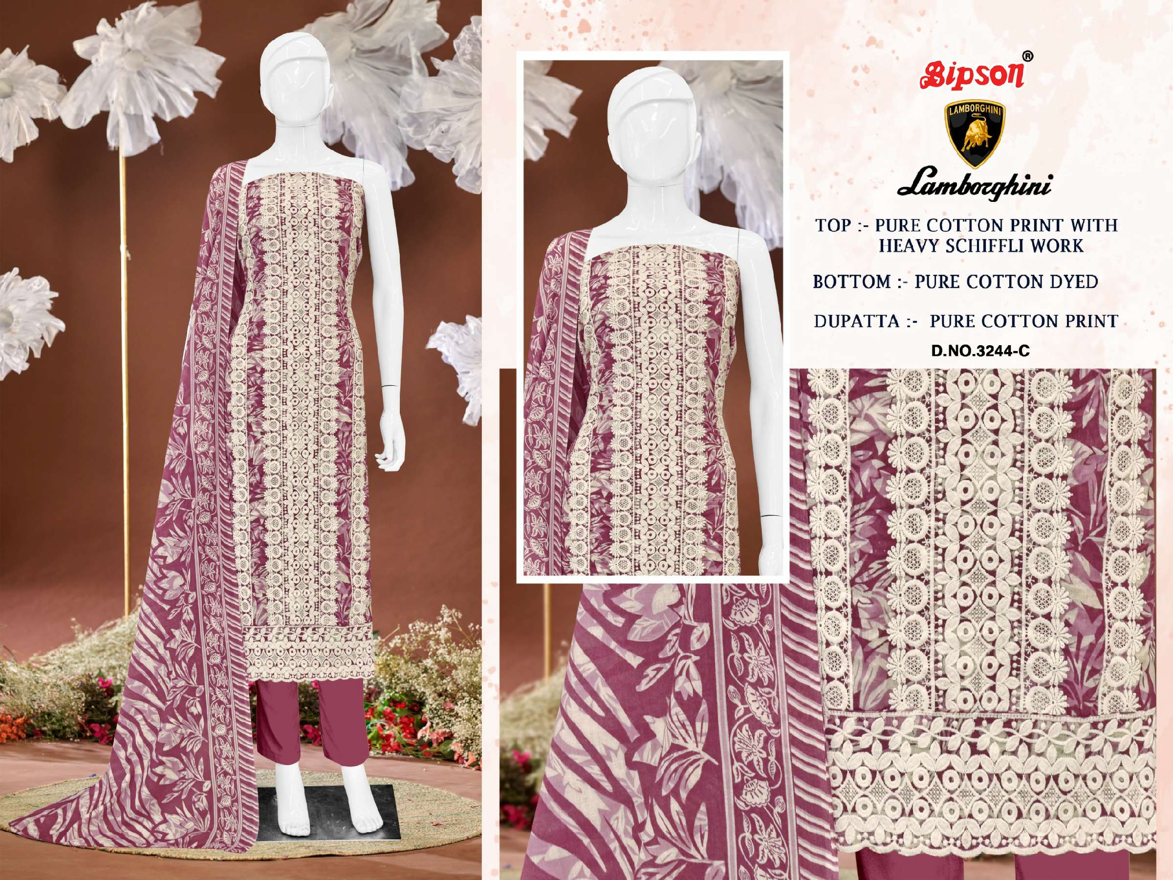 BIPSON LAMBORGHINI D.NO 3244 WHOLESALE PURE COTTON PRINT WITH SCHIFFLI WORK DRESS MATERIAL
