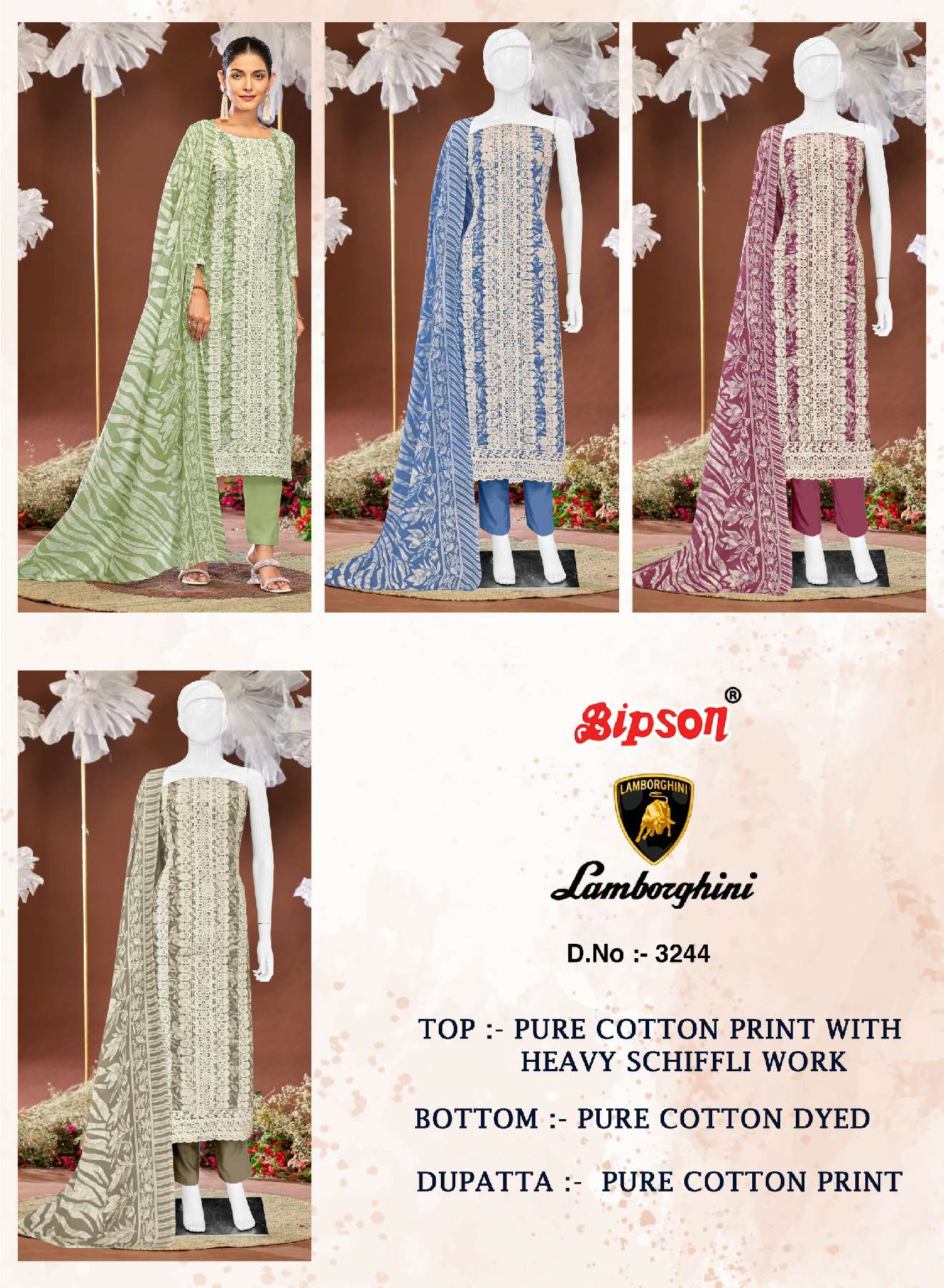 BIPSON LAMBORGHINI D.NO 3244 WHOLESALE PURE COTTON PRINT WITH SCHIFFLI WORK DRESS MATERIAL