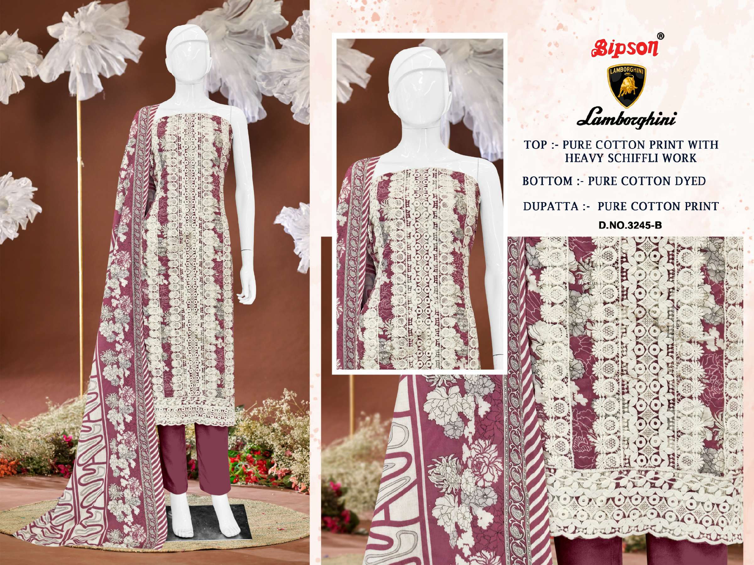 BIPSON LAMBORGHINI D.NO 3245 WHOLESALE PURE COTTON PRINT WITH SCHIFFLI WORK DRESS MATERIAL