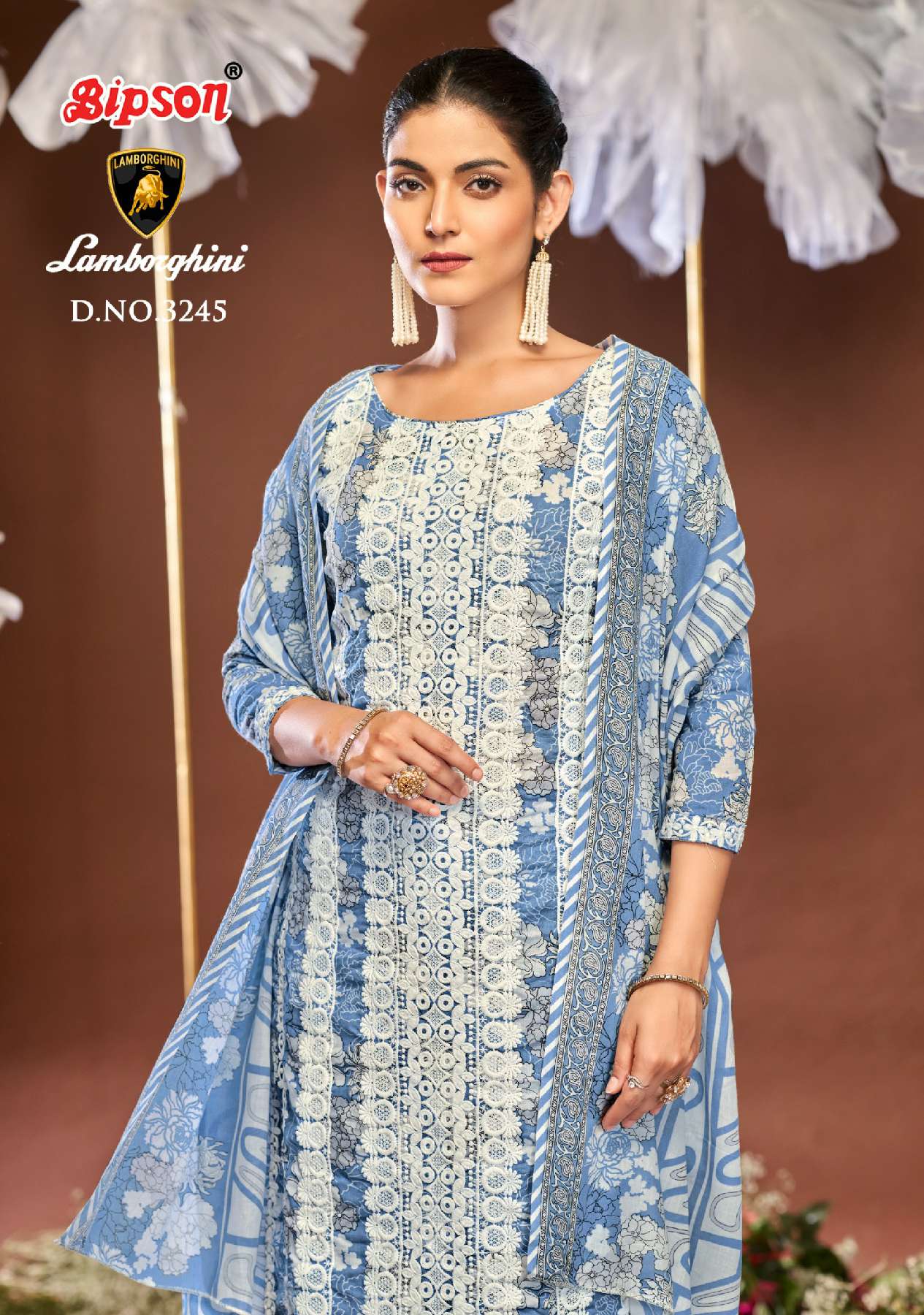 BIPSON LAMBORGHINI D.NO 3245 WHOLESALE PURE COTTON PRINT WITH SCHIFFLI WORK DRESS MATERIAL