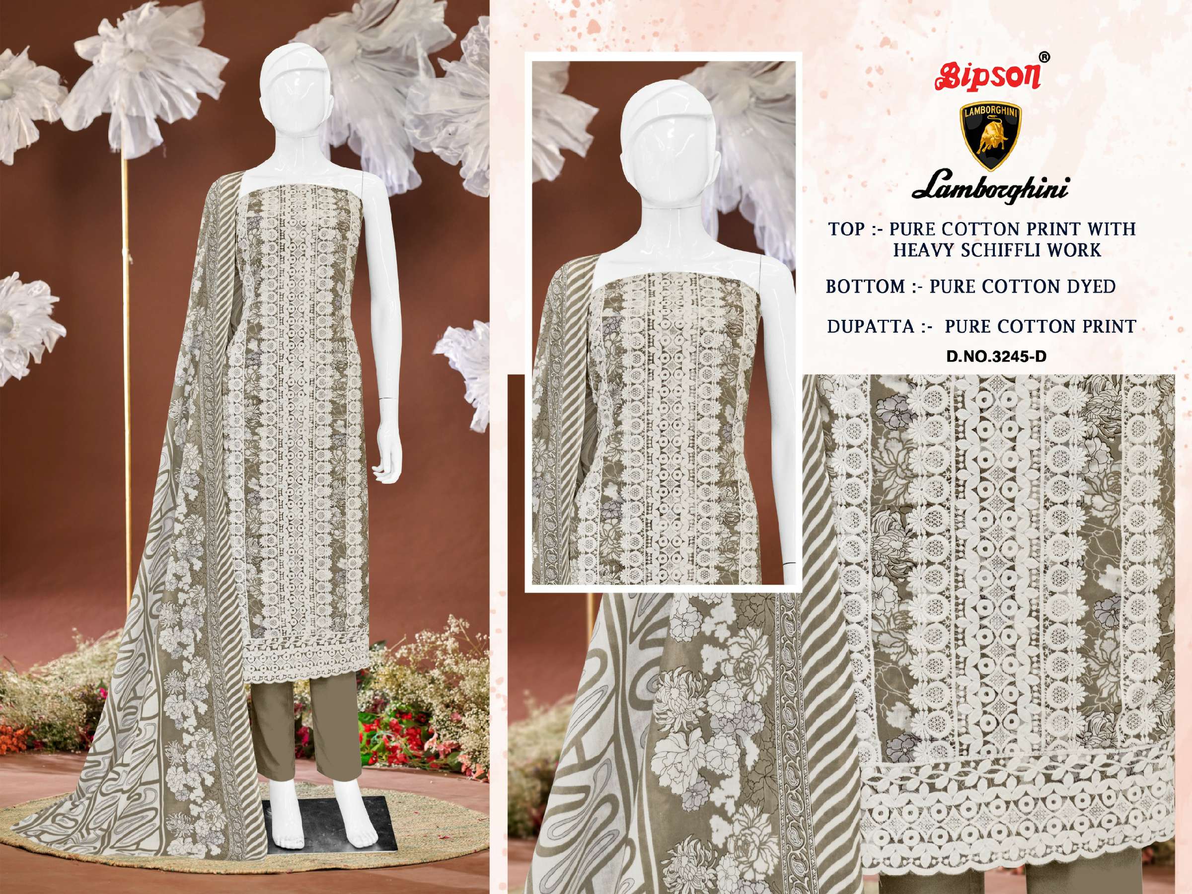 BIPSON LAMBORGHINI D.NO 3245 WHOLESALE PURE COTTON PRINT WITH SCHIFFLI WORK DRESS MATERIAL
