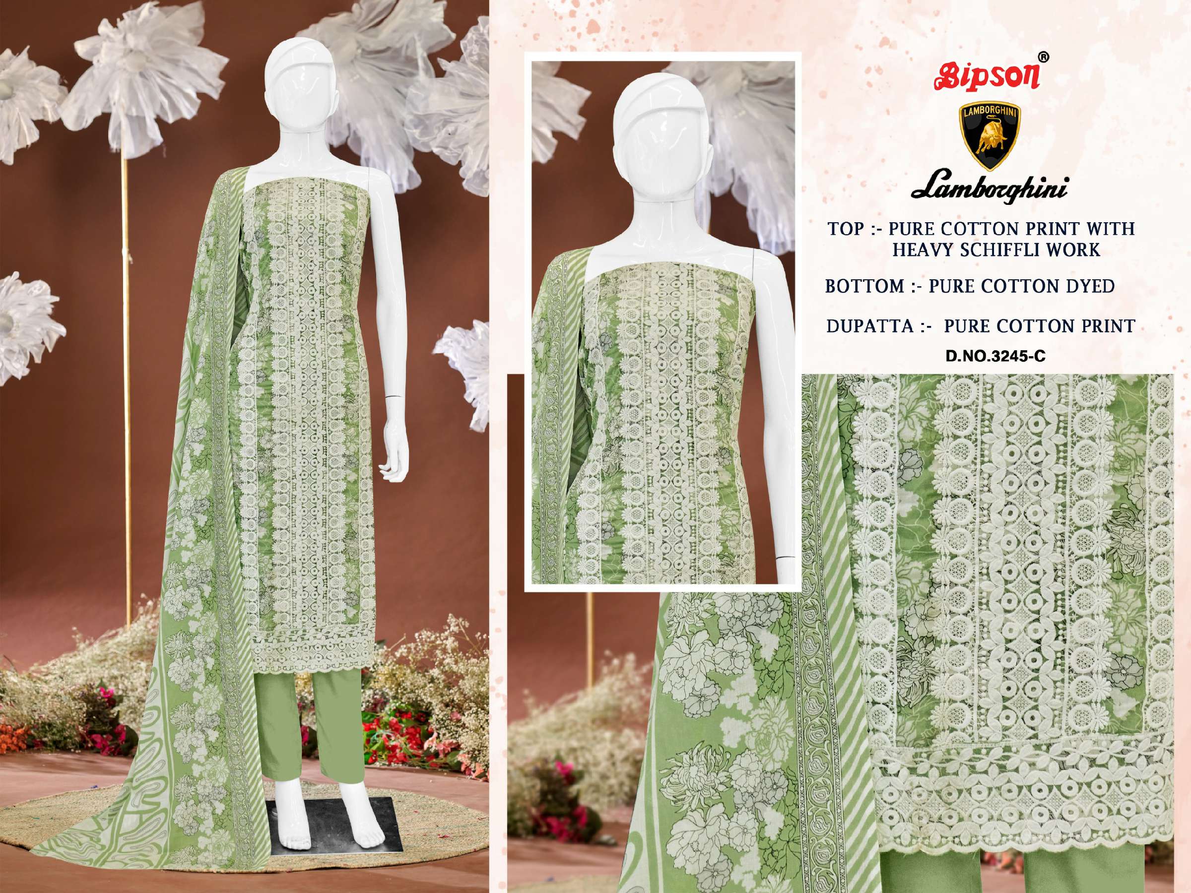 BIPSON LAMBORGHINI D.NO 3245 WHOLESALE PURE COTTON PRINT WITH SCHIFFLI WORK DRESS MATERIAL