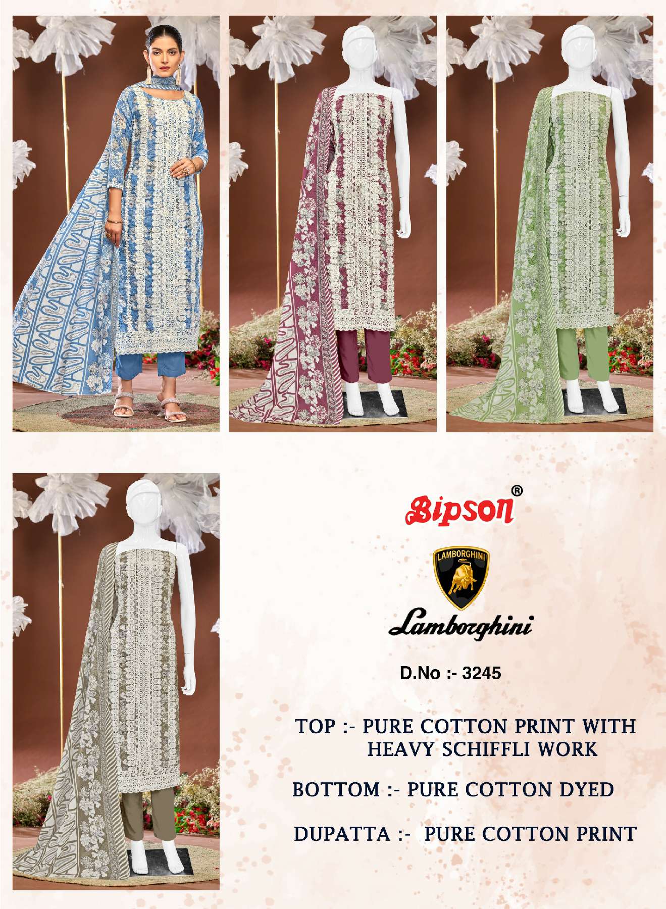 BIPSON LAMBORGHINI D.NO 3245 WHOLESALE PURE COTTON PRINT WITH SCHIFFLI WORK DRESS MATERIAL
