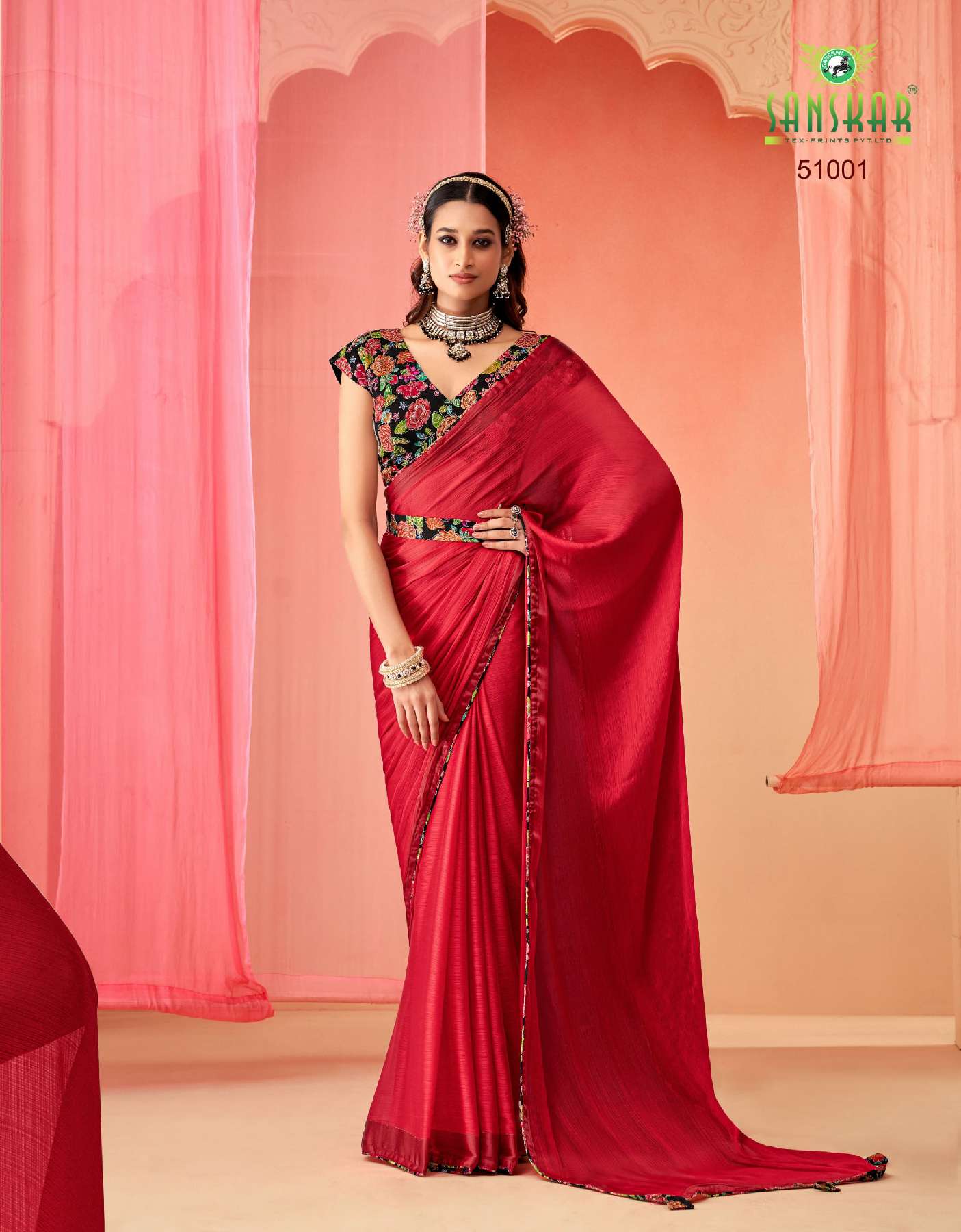 SANSKAR TEX PRINTS SPRING WHOLESALE SARTTIN CHIFFON DIGITAL PRINT WITH EMBROIDERY WOEK SAREES