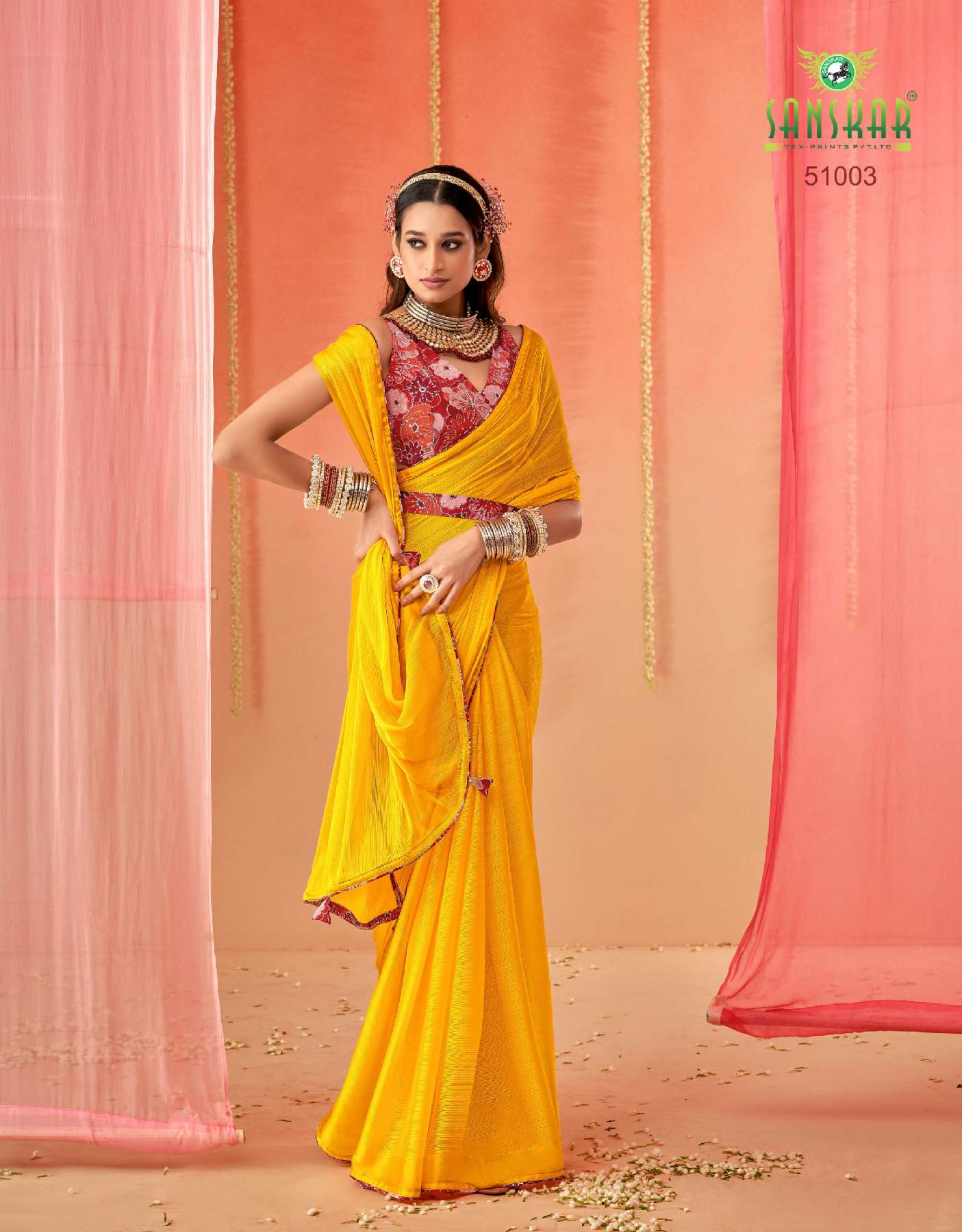 SANSKAR TEX PRINTS SPRING WHOLESALE SARTTIN CHIFFON DIGITAL PRINT WITH EMBROIDERY WOEK SAREES