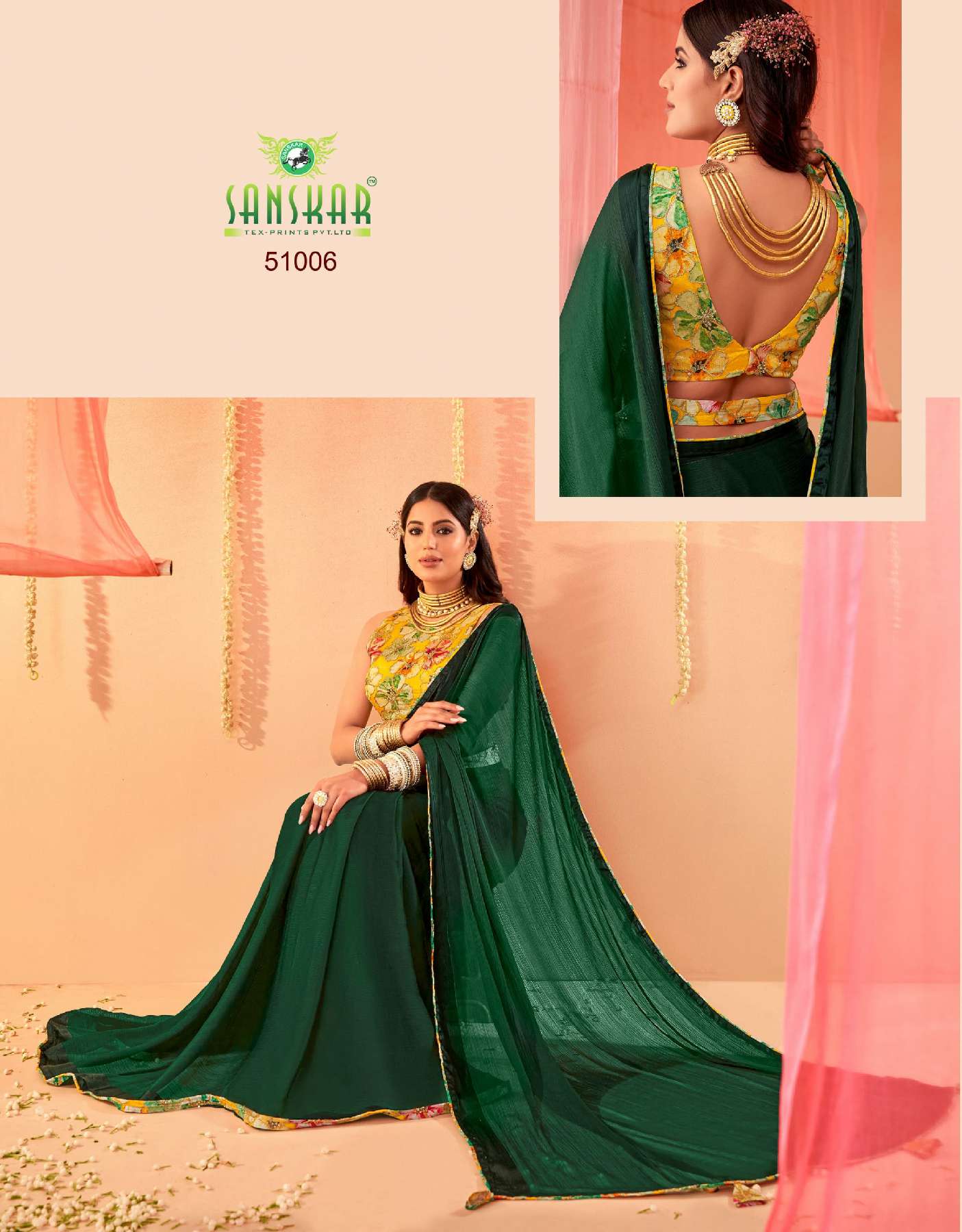 SANSKAR TEX PRINTS SPRING WHOLESALE SARTTIN CHIFFON DIGITAL PRINT WITH EMBROIDERY WOEK SAREES