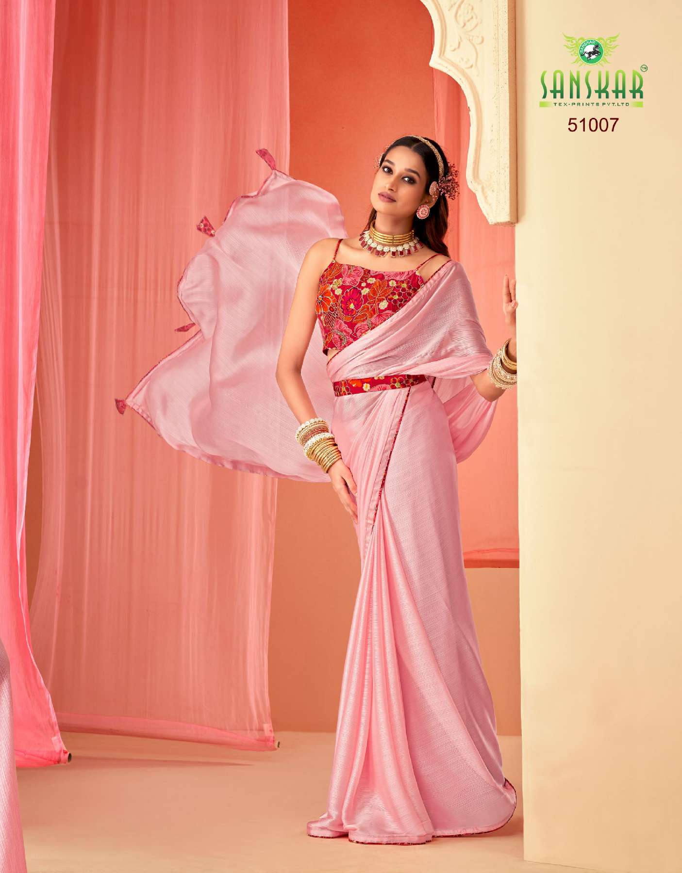 SANSKAR TEX PRINTS SPRING WHOLESALE SARTTIN CHIFFON DIGITAL PRINT WITH EMBROIDERY WOEK SAREES