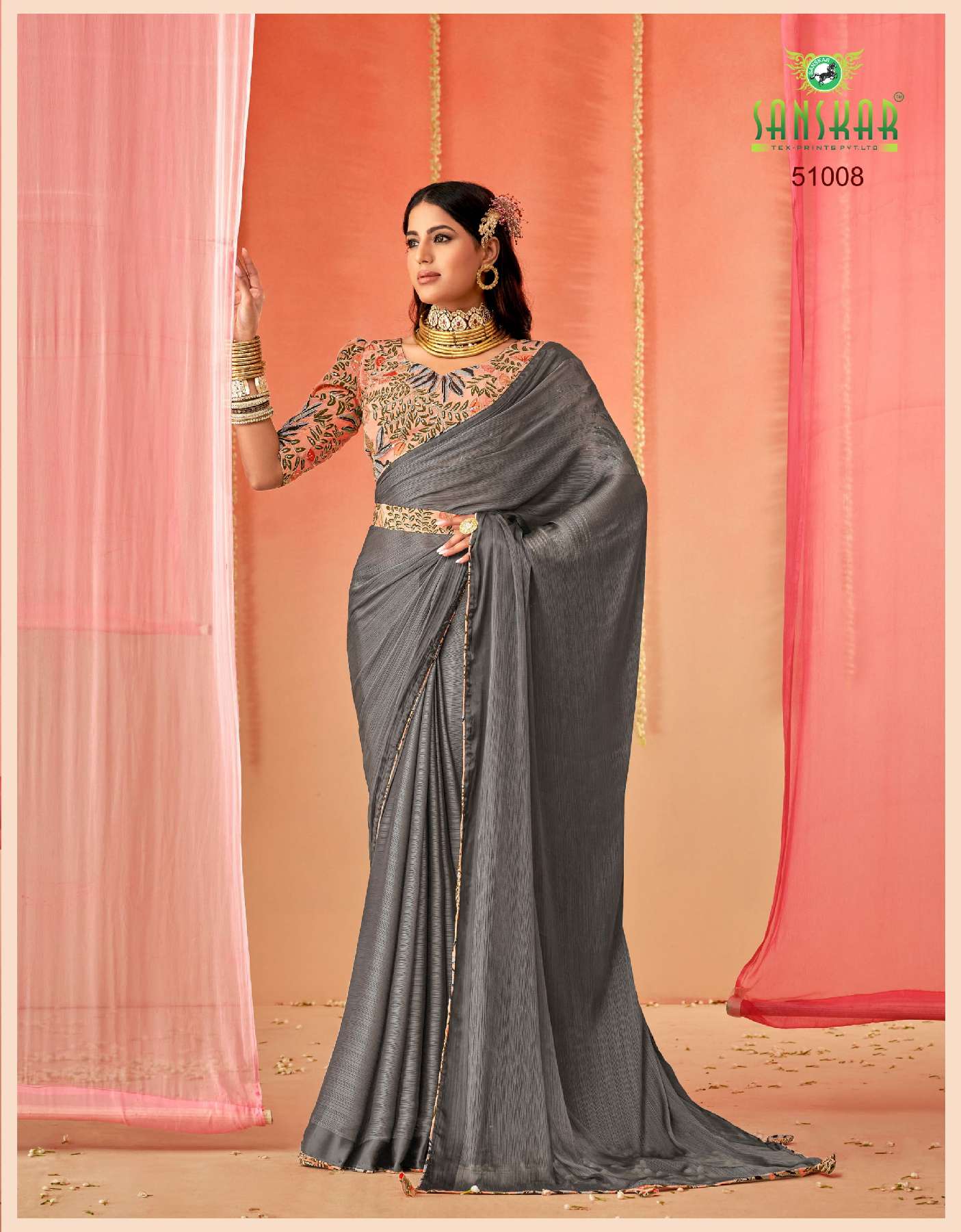 SANSKAR TEX PRINTS SPRING WHOLESALE SARTTIN CHIFFON DIGITAL PRINT WITH EMBROIDERY WOEK SAREES