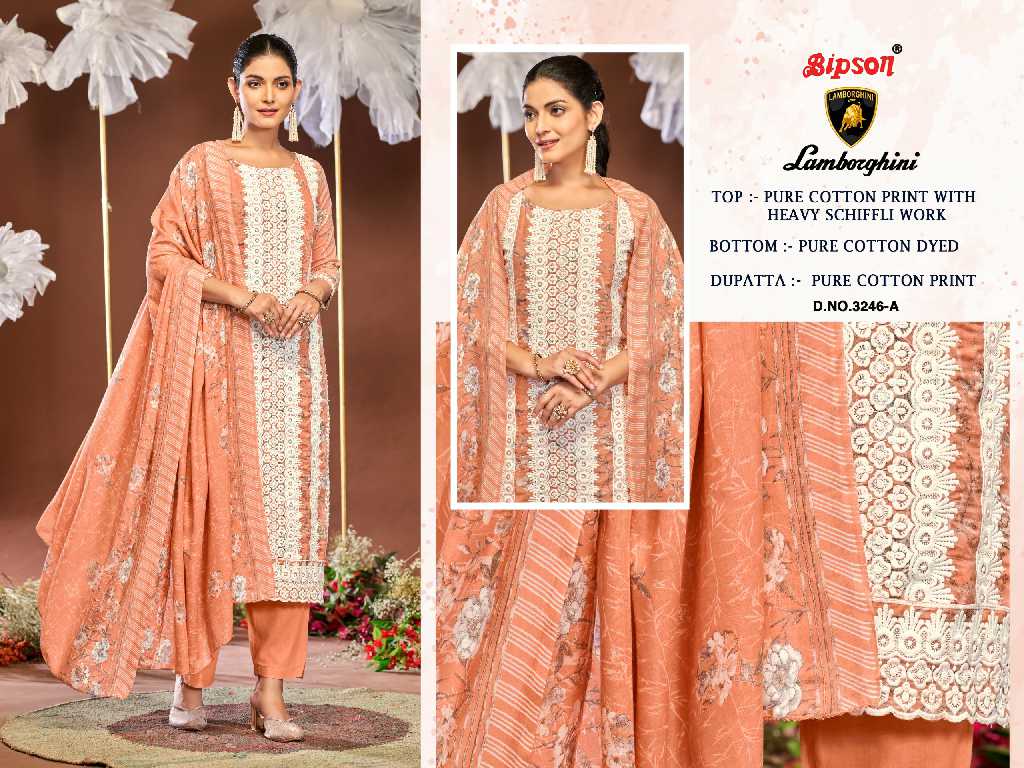 BIPSON LAMBORGHINI D.NO 3246 WHOLESALE PURE COTTON PRINT WITH SCHIFFLI WORK DRESS MATERIAL