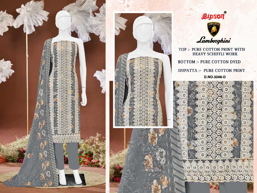 BIPSON LAMBORGHINI D.NO 3246 WHOLESALE PURE COTTON PRINT WITH SCHIFFLI WORK DRESS MATERIAL