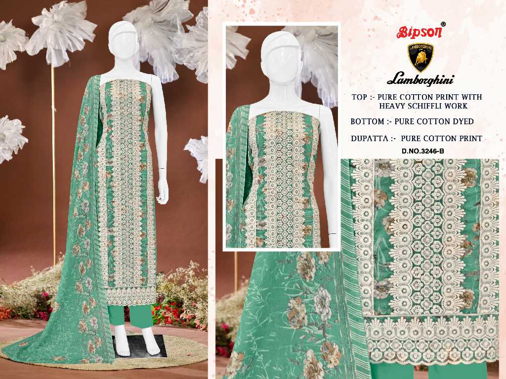BIPSON LAMBORGHINI D.NO 3246 WHOLESALE PURE COTTON PRINT WITH SCHIFFLI WORK DRESS MATERIAL