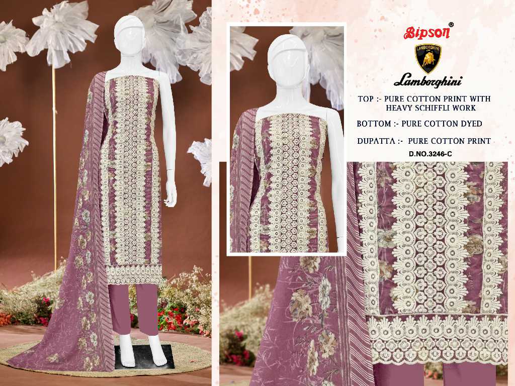 BIPSON LAMBORGHINI D.NO 3246 WHOLESALE PURE COTTON PRINT WITH SCHIFFLI WORK DRESS MATERIAL
