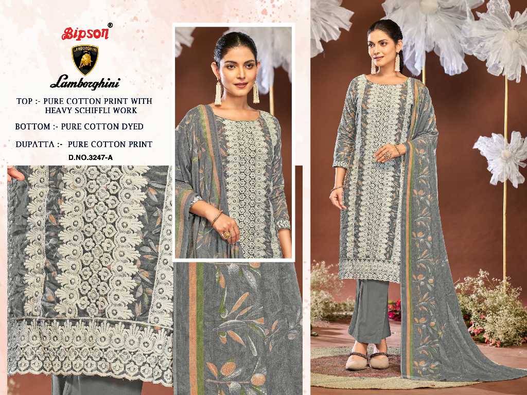 BIPSON LAMBORGHINI D.NO 3247 WHOLESALE PURE COTTON PRINT WITH SCHIFFLI WORK DRESS MATERIAL