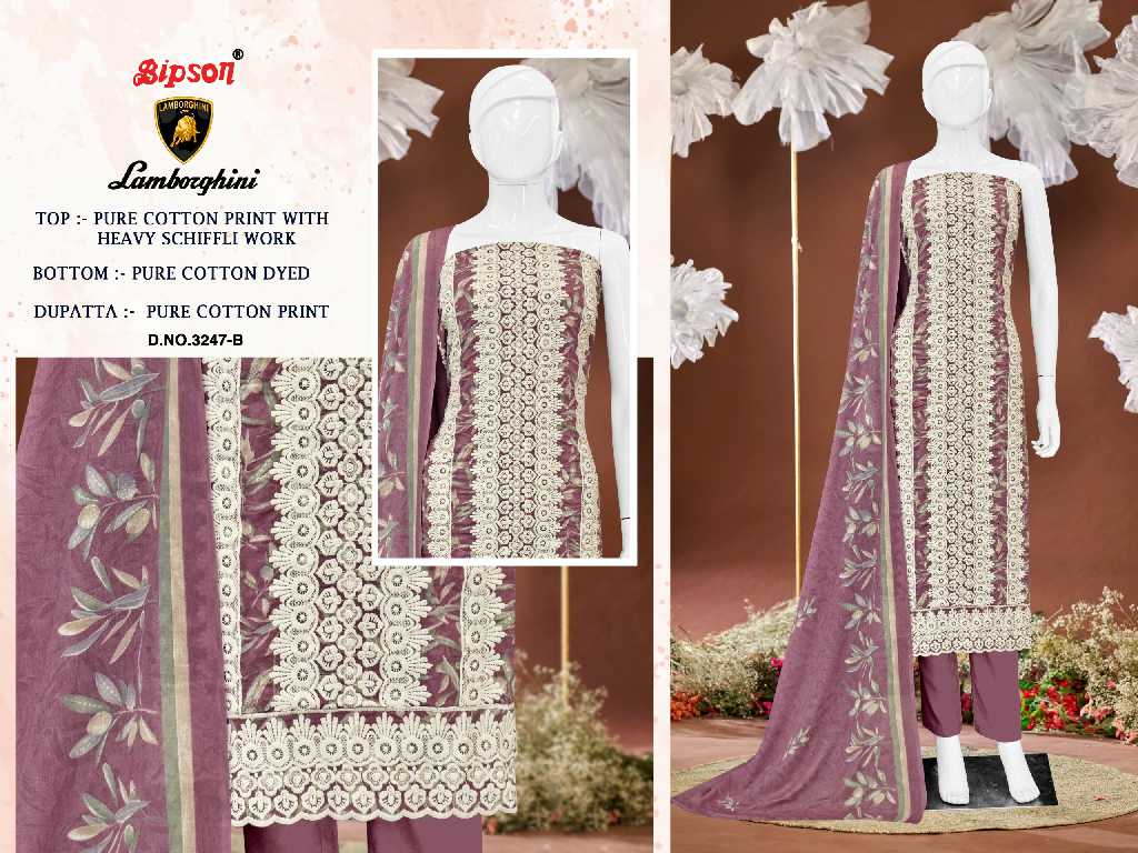 BIPSON LAMBORGHINI D.NO 3247 WHOLESALE PURE COTTON PRINT WITH SCHIFFLI WORK DRESS MATERIAL