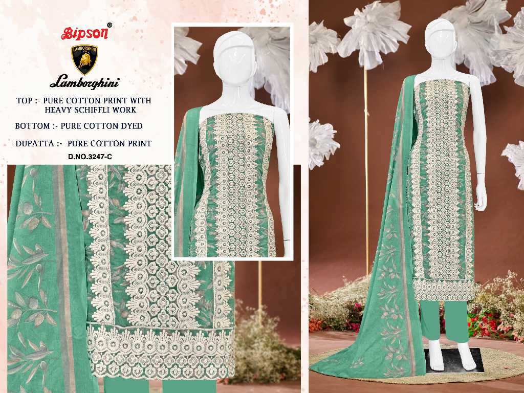 BIPSON LAMBORGHINI D.NO 3247 WHOLESALE PURE COTTON PRINT WITH SCHIFFLI WORK DRESS MATERIAL
