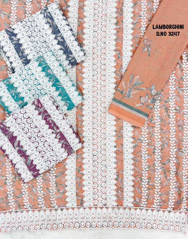BIPSON LAMBORGHINI D.NO 3247 WHOLESALE PURE COTTON PRINT WITH SCHIFFLI WORK DRESS MATERIAL