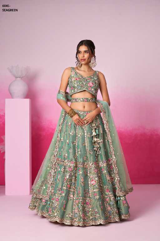 PF Series 6041 Colours Wholesale Net Fabrics Designer Lehengas