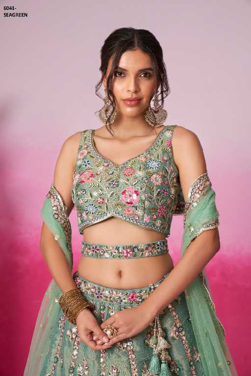 PF Series 6041 Colours Wholesale Net Fabrics Designer Lehengas