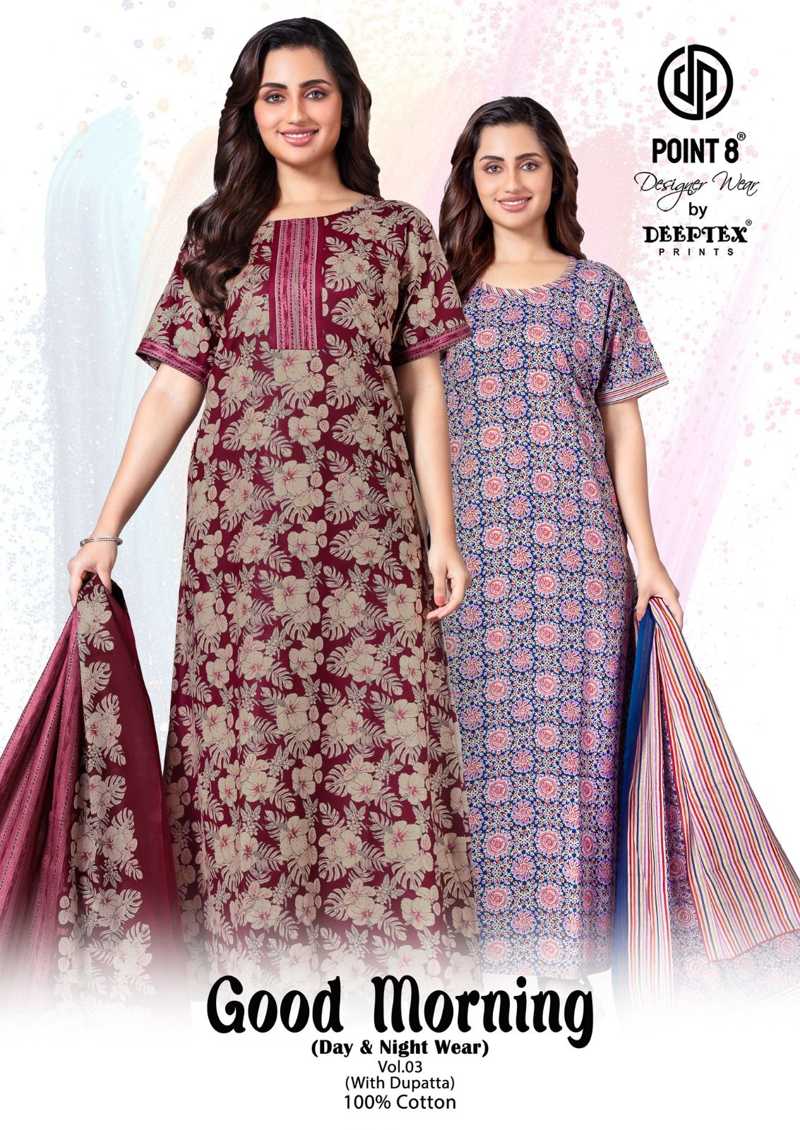 Deeptex By Point 8 Good Morning Vol-3 Wholesale Readymade Cotton Fabrics Nighty With Dupatta Catalog