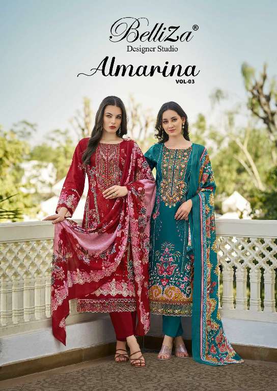 BELLIZA DESIGNER STUDIO ALMARINA VOL 3 WHOLESALE PURE COTTON WITH SELF EMBROIDERY DRESS MATERIAL
