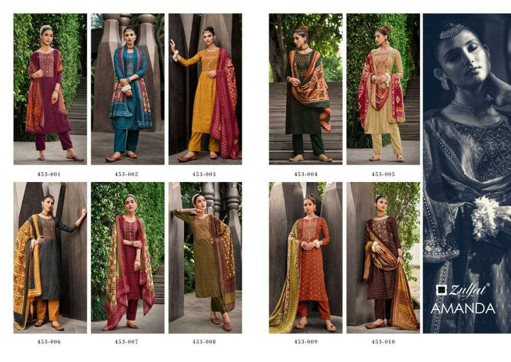 ZULFAT DESIGNER AMANDA WHOLESALE PURE WOOL PASHMINA WITH EMBROIDERY WORK SUITS