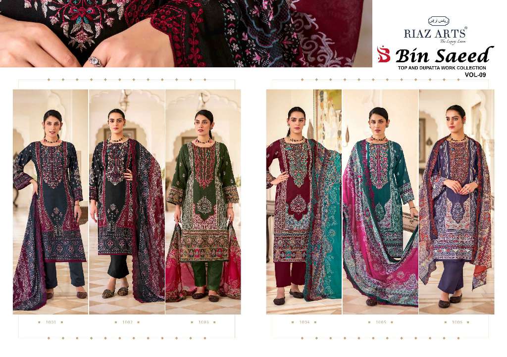Riaz Arts Bin Saeed Vol-9 Wholesale Pure Cotton With Embroidery Work Dress Material
