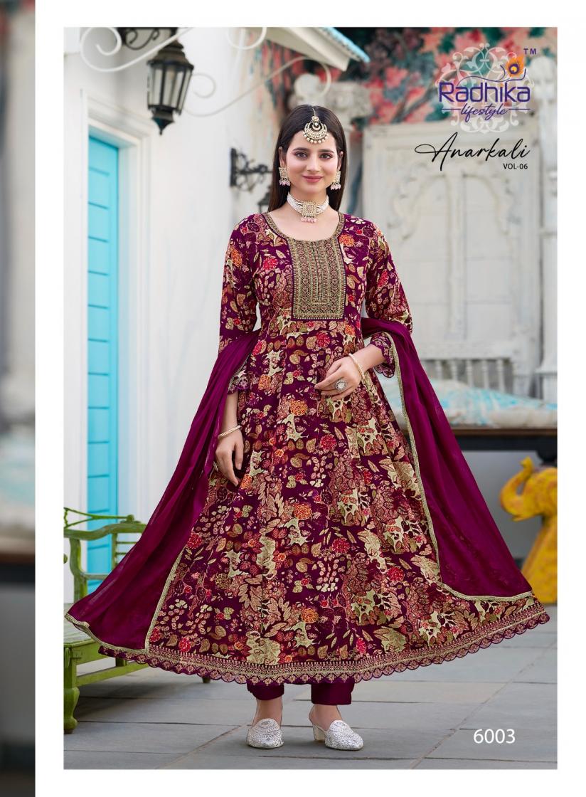 radhika lifestyle launch anarkali vol 6 rayon printed anarkali suit big size available